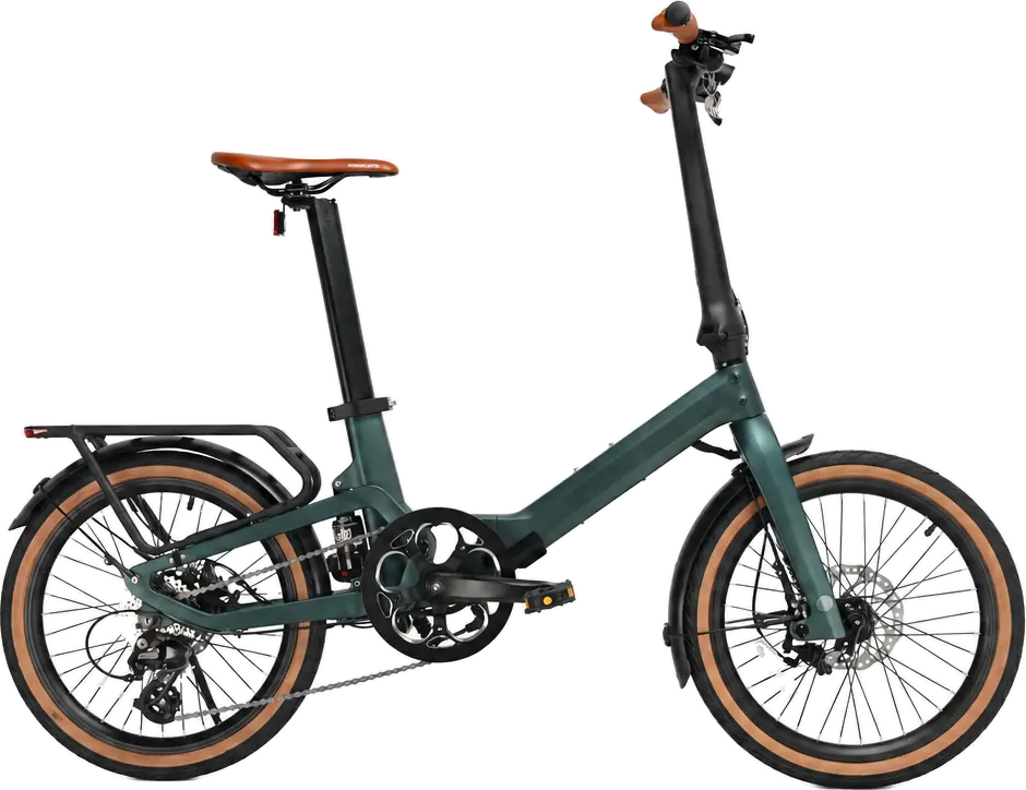 Side view of a green 20-inch low-step carbon folding e-bike with seven-speed chain drive